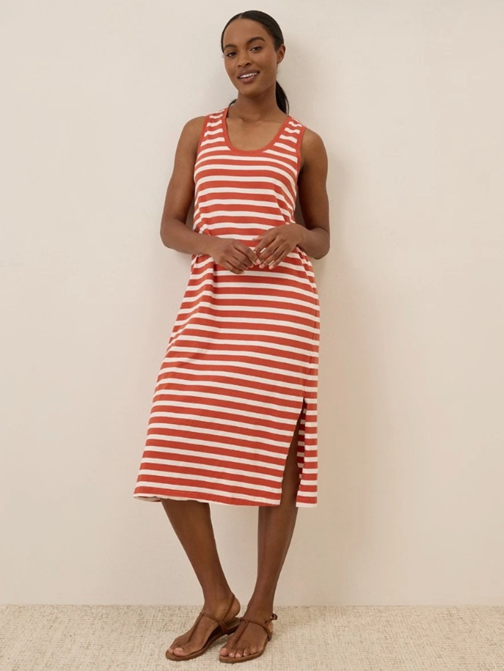 Pact organic cotton softspun orange & white striped sleeveless midi dress